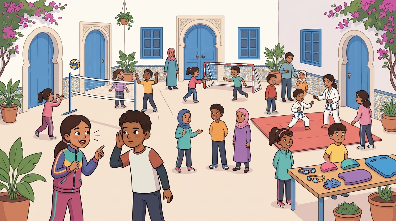 Journée des clubs sportifs dans la cour d'une école tunisienne : volley-ball, handball, karaté et un stand de natation ; au premier plan, une fille en survêtement parle à un garçon qui met la main derrière l'oreille